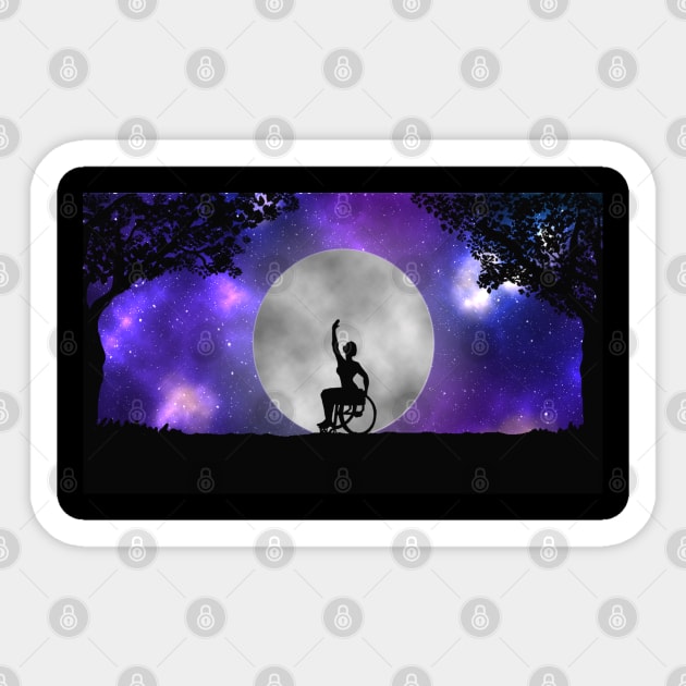 Disabled wheelchair user ballerina dancing before a full moon and galaxy Sticker by Kyttsy Krafts